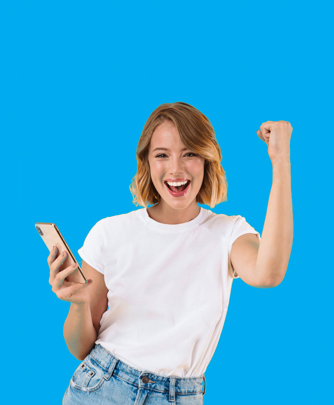 Happy girl holding smartphone